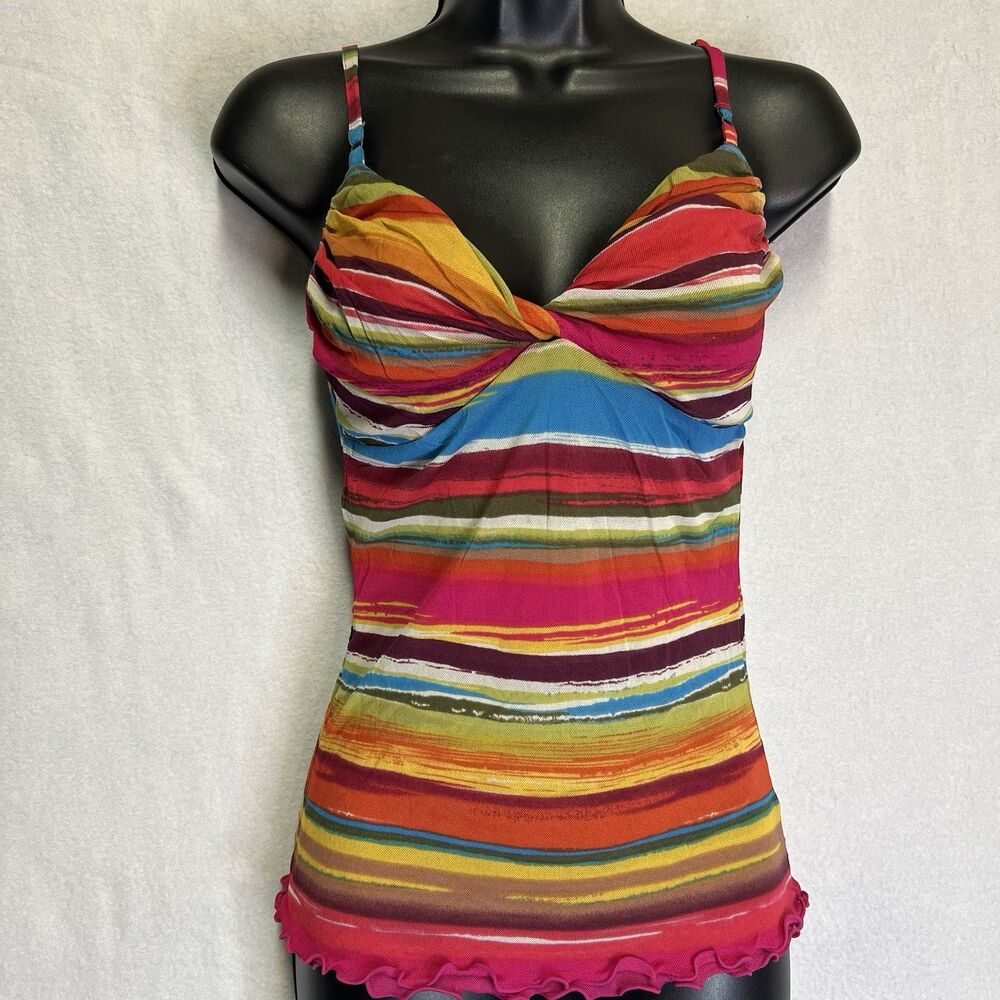 Y2K Colorful Striped Mesh Micro Cami Ruched Bust Coquette Fairycore Lettuce Hem